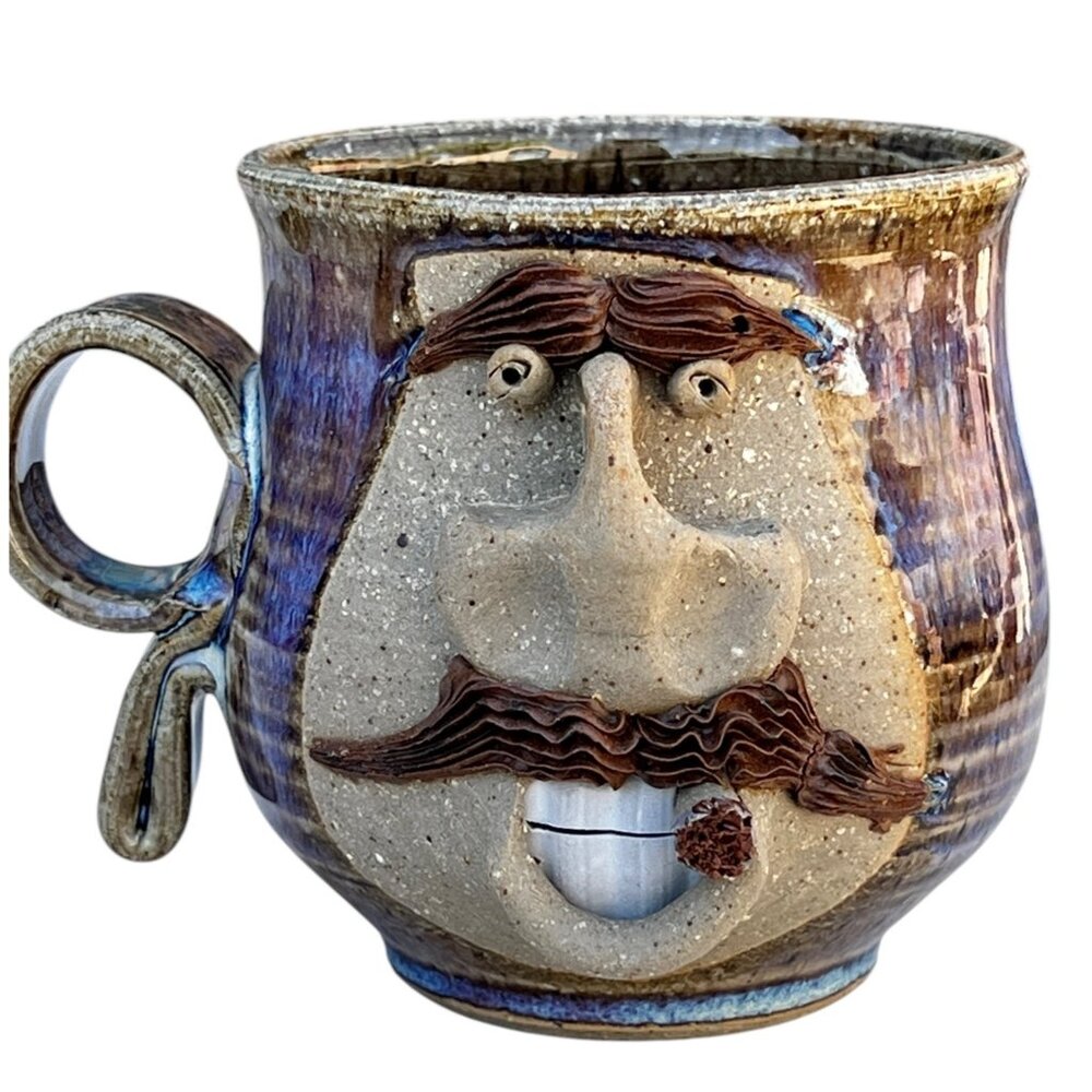 Handcrafted Thrown Ceramic Mug Whimsical Face with Cigar Stamped UR on bottom